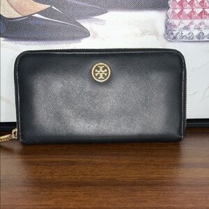 Tory Burch Black Saffiano Wallet with Gold Accents